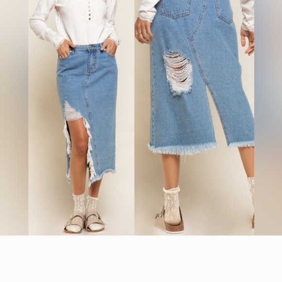 POL Dresses & Skirts - POL Asymmetrical Denim Skirt with Distressed Details